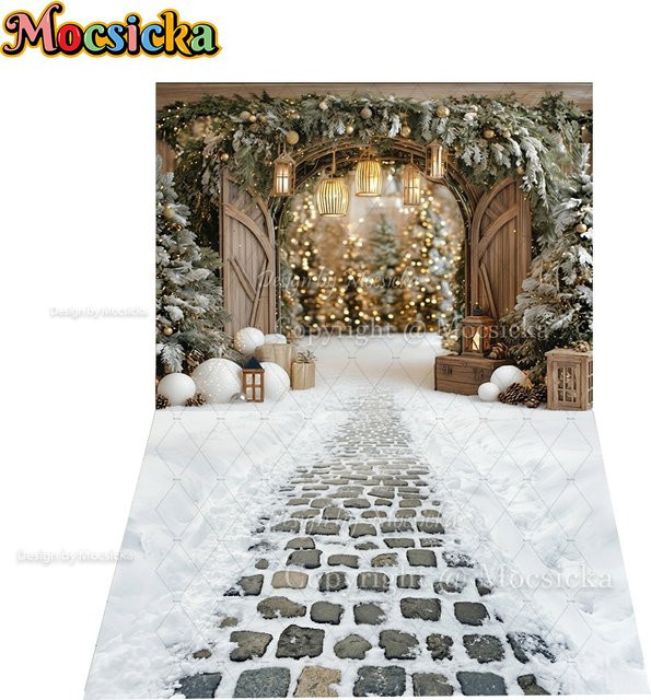 Mocsicka Weihnachtlicher verschneiter Torbogen-Hintergrund für Fotografie in Weiß - Bild 1