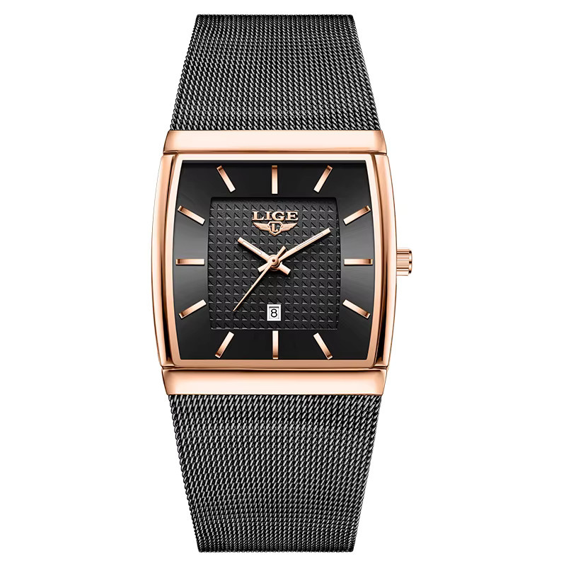 LIGE Armbanduhr, Quarz, Roségold, eckig, Milanaise, Herren - Bild 6