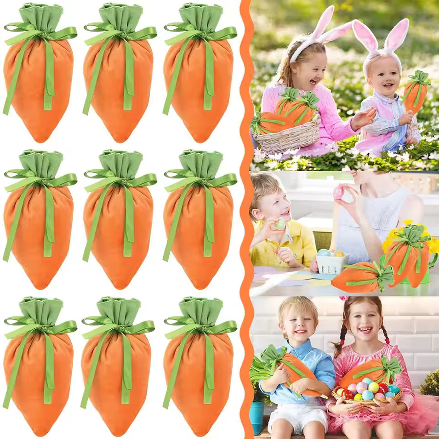 10 Stück Oster-Karotten-Geschenktüten aus Textil in Orange mit Kordelzug, wiederverwendbar für Osterpartys und Familienfeiern - Bild 2