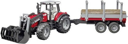 Bruder Massey Ferguson 7480 Traktor mit Frontlader und Holztransportanhänger - Bild 1