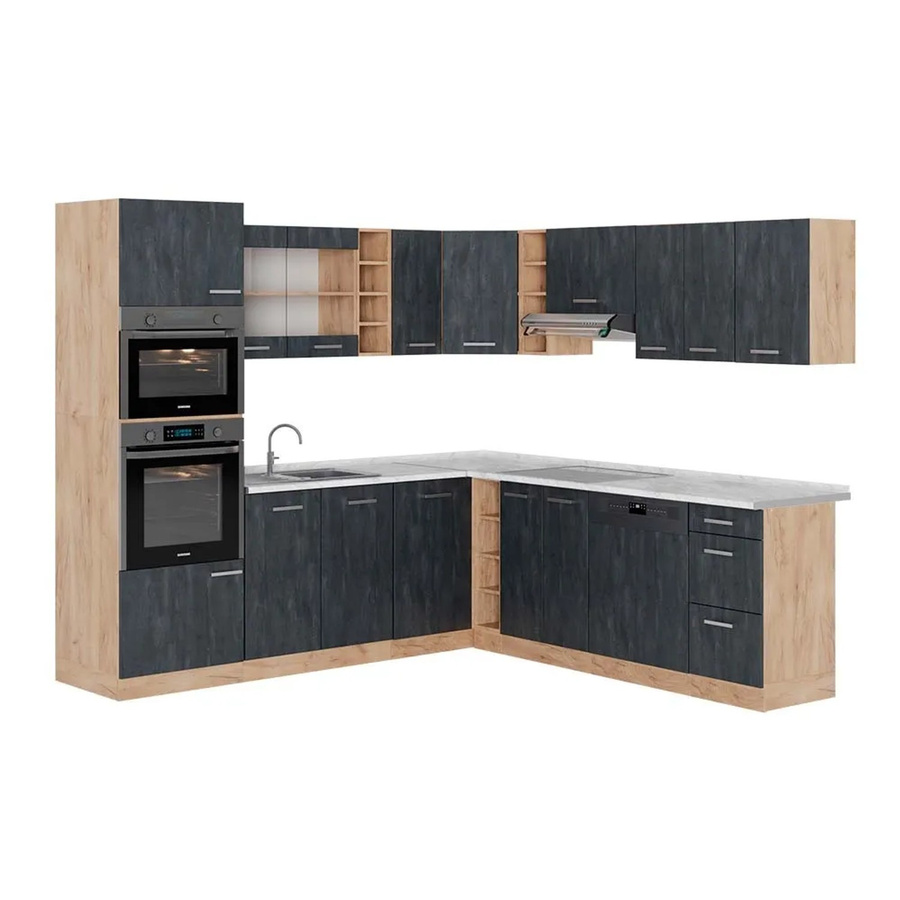 Vicco R-Line Eckküche in L-Form Schwarz Beton Eiche mit weißer Marmor Arbeitsplatte B/T/H: 247 x 237 x 60 cm - Bild 2