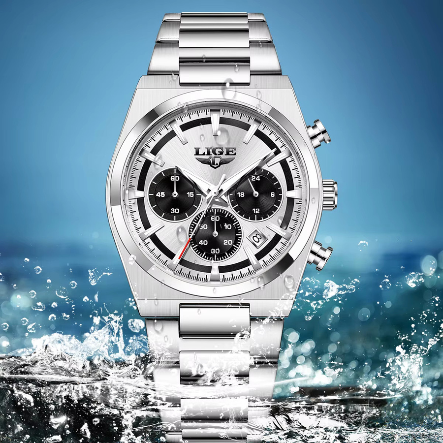 LIGE Chronograph Armbanduhr, Quarz, Edelstahl, Gold, Herren - Bild 4