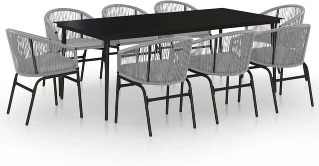 vidaXL 9-teilige Garten-Essgruppe in Grau mit Tisch aus gehärtetem Glas und Rattan-Stühlen aus pulverbeschichtetem Stahl - Bild 1