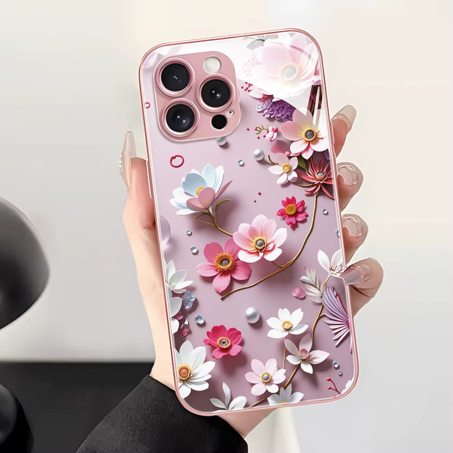 Caynes Handyhülle aus gehärtetem Glas mit mehrfarbigen Blumen für iPhone 11 bis iPhone 17 Pro Max, stoßfest und luxuriös - Bild 2