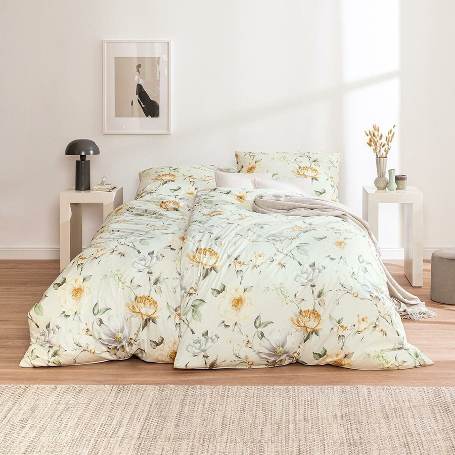 Estella Mako Jersey Bettwäsche Penelope Ecrue Rosen Blüten aus Baumwolle, B/H: 135 x 200 cm und 80 x 80 cm - Bild 1