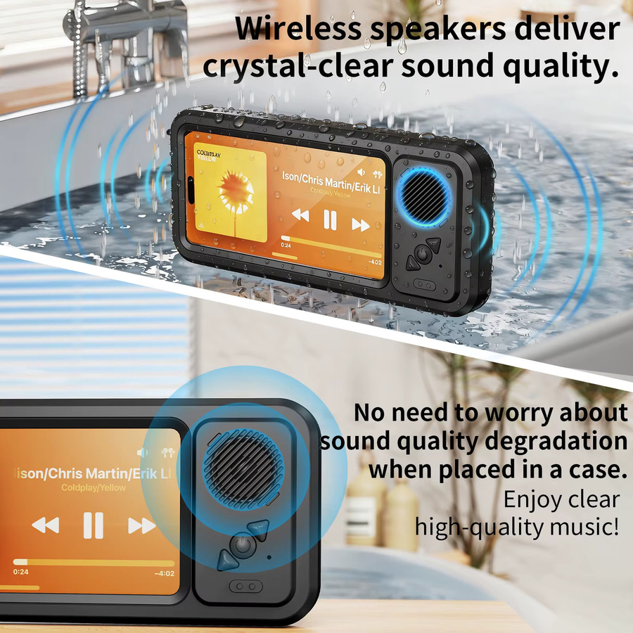 Oatsbasf Dusch-Handyhalterung mit kabellosem Bluetooth-Lautsprecher, wasserdichte Wandmontage für 4-7 Zoll Smartphones in Schwarz oder Weiß - Bild 2
