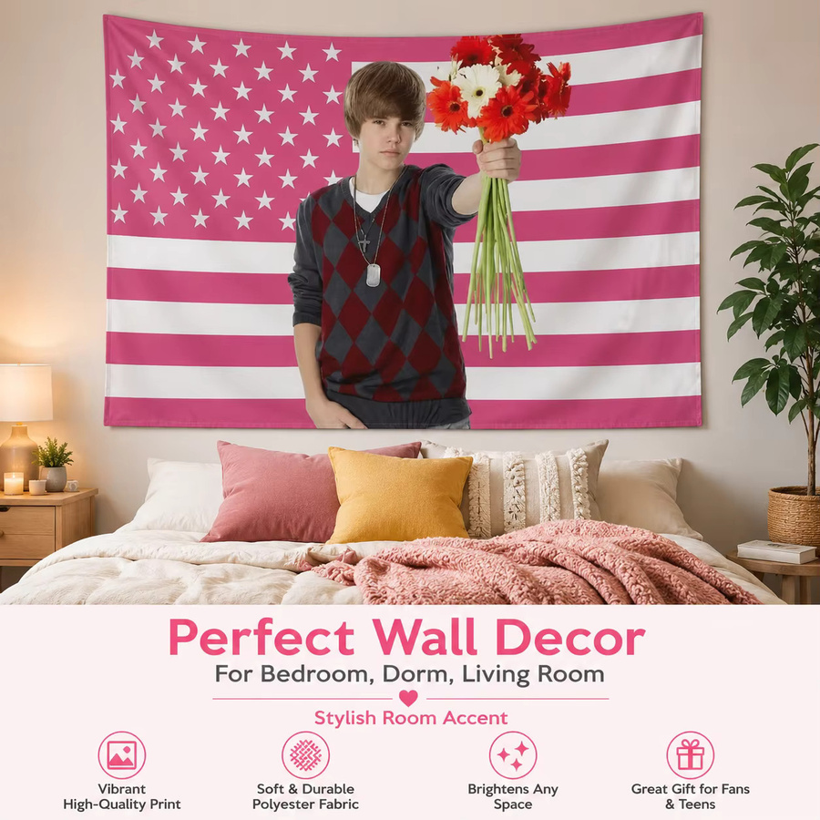 PopStarFan Wandbehang Justin Bieber Pink American Flag Banner mit Sternen, Textil, Breite: 60 cm, Höhe: 40 cm - Bild 4