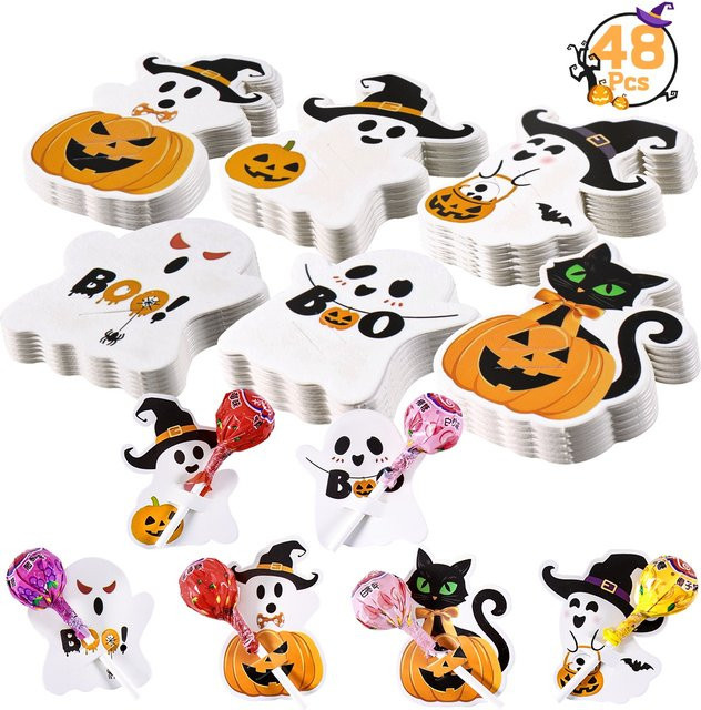 48 Stück Halloween-Lollipop-Halterkarten aus Papier mit Kürbis- und Geister-Muster in Weiß für deine Party-Dekoration und DIY-Geschenke - Bild 1
