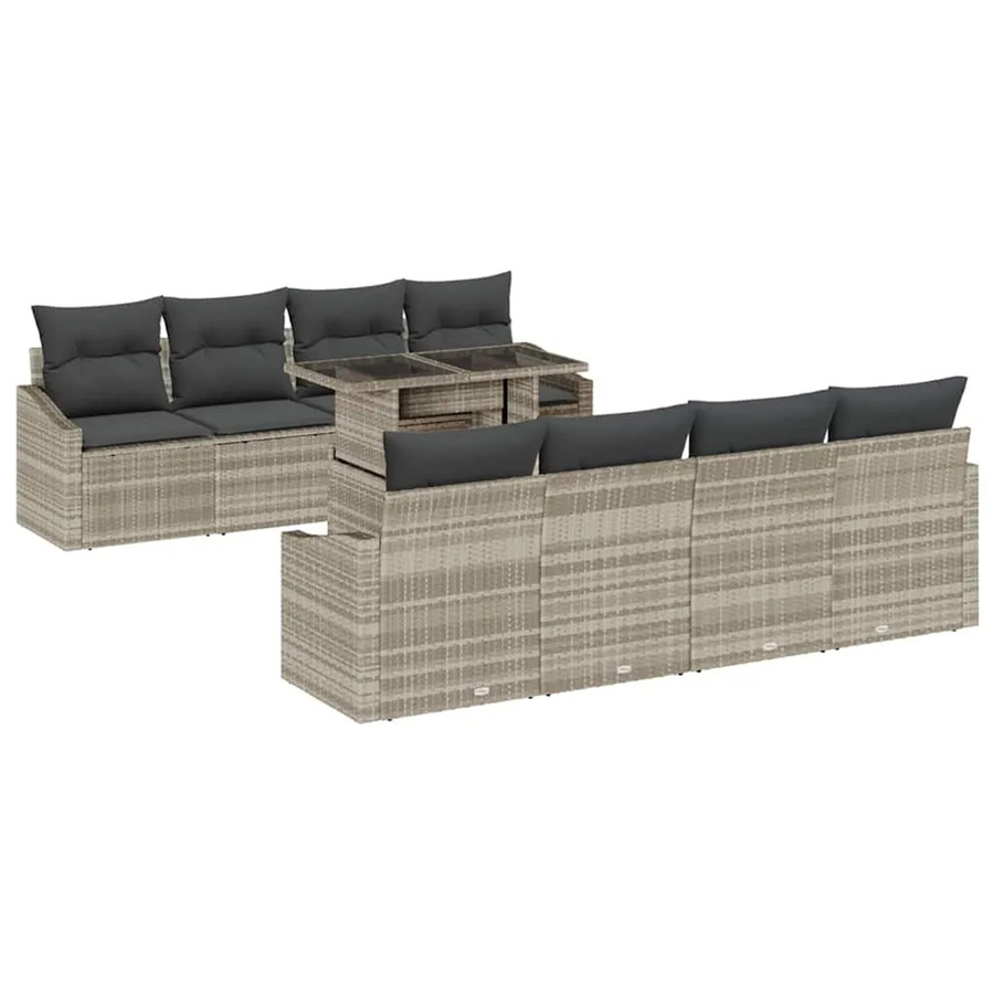 vidaXL Garten-Sofa-Set aus Polyrattan in Hellgrau, 9-teiliges Lounge-Set mit 3-Sitzer-Sofa, Sesseln, Couchtisch und integriertem Stauraum inklusive Polsterkissen - Bild 2