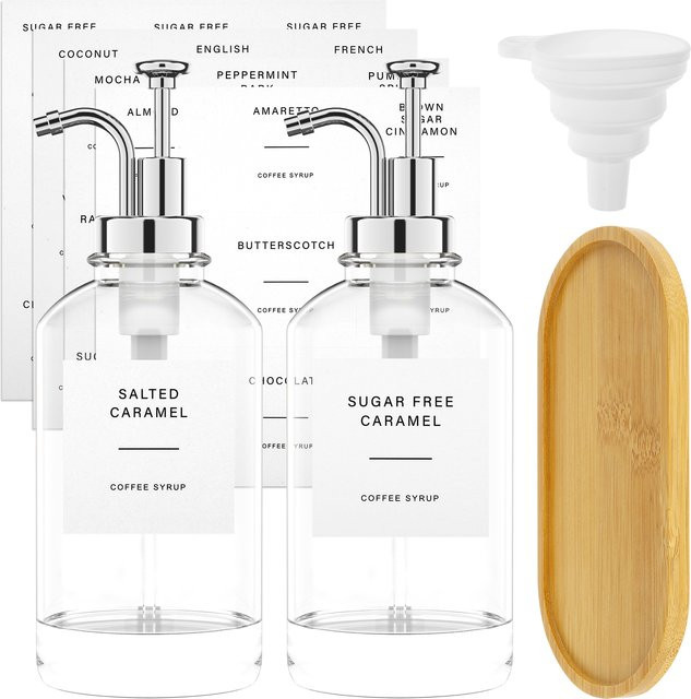 Willstar 2-teiliges Kaffeesirup-Spender-Set mit Bambus-Tablett, transparent und gold, inklusive Etiketten und Trichter - Bild 1