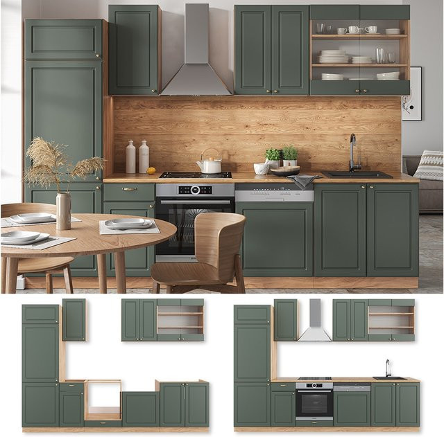 Vicco Küchenzeile Fame-Line Landhausstil Eiche Grün Gold 300 cm - Bild 1
