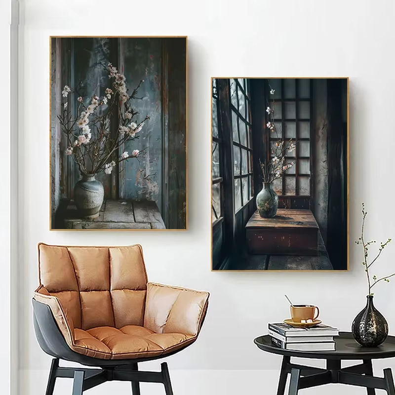 Potdemiel Vintage Leinwandgemälde mit floralem Motiv und Vase als Wanddekoration in Hochformat und Mehrfarbig - Bild 2
