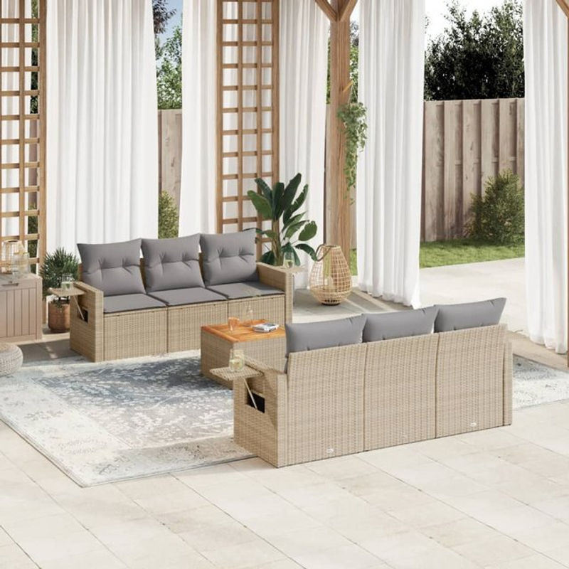 Vidaxl 7-teiliges Gartenmöbel-Set aus Polyrattan und Akazie mit Kissen in Beige - Bild 1