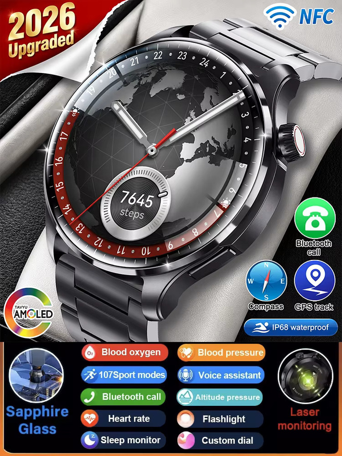 GUHUAVMI Watch 6 Pro Smartwatch für Herren in Schwarz mit GPS-Tracking, NFC, HD AMOLED-Bildschirm, Kompass, Bluetooth-Anruffunktion und IP68 Wasserdichtigkeit - Bild 7
