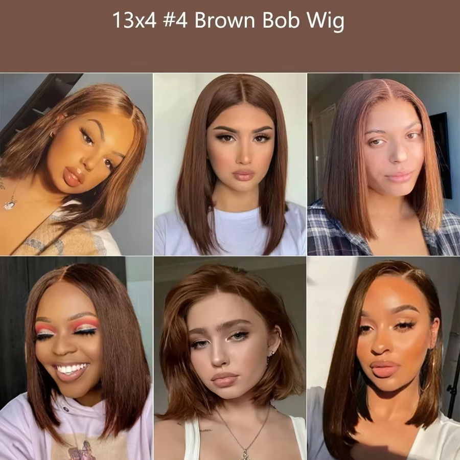 Ainmeys Bob-Perücke, Schokoladenbraun, kurz, glatt, Echthaar, 13x4 HD Lace-Frontal - Bild 4