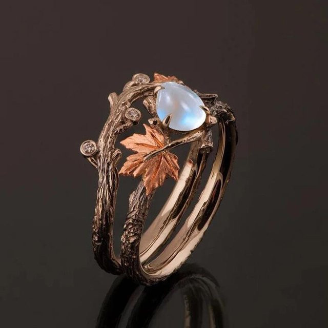 Ring Gold, Ahornblatt, Mondstein, Vintage, Damen - Bild 1