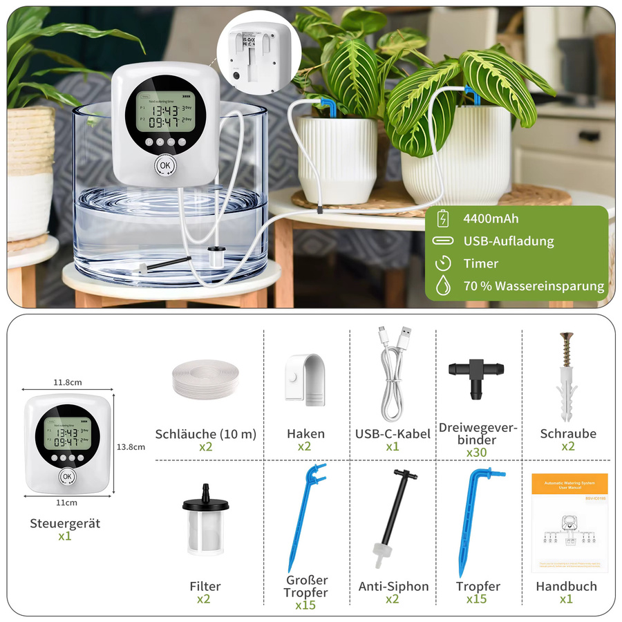 Forever Speed Automatisches Bewässerungssystem für Indoor mit Doppelpumpen, Weiß, für 30 Topfpflanzen, 4400 mAh wiederaufladbar - Bild 2