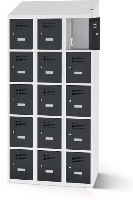 rotstahl Fächerschrank mit Ladefunktion und 15 Fächern in Anthrazit und Lichtgrau, B: 120 cm, H: 200 cm - Bild 1