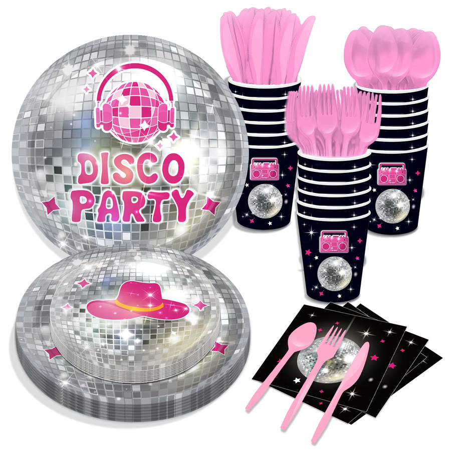 Einweggeschirr Set in Silber für Disco Musik Party mit Tellern, Servietten und Bechern - Bild 3