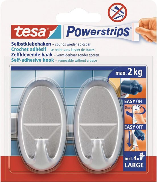 tesa Selbstklebehaken Chrom matt oval in Silber, 2 Stück mit 4 Powerstrips Large, B/H/T: 12,0 x 14,0 x 12,0 cm - Bild 1