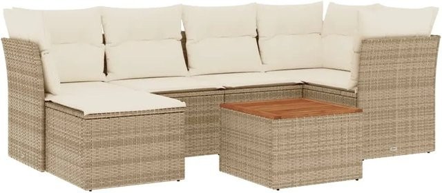 vidaXL 7-teilige Garten-Sofagarnitur in L-Form aus Poly-Rattan mit Kissen in Beige-Creme - Bild 1
