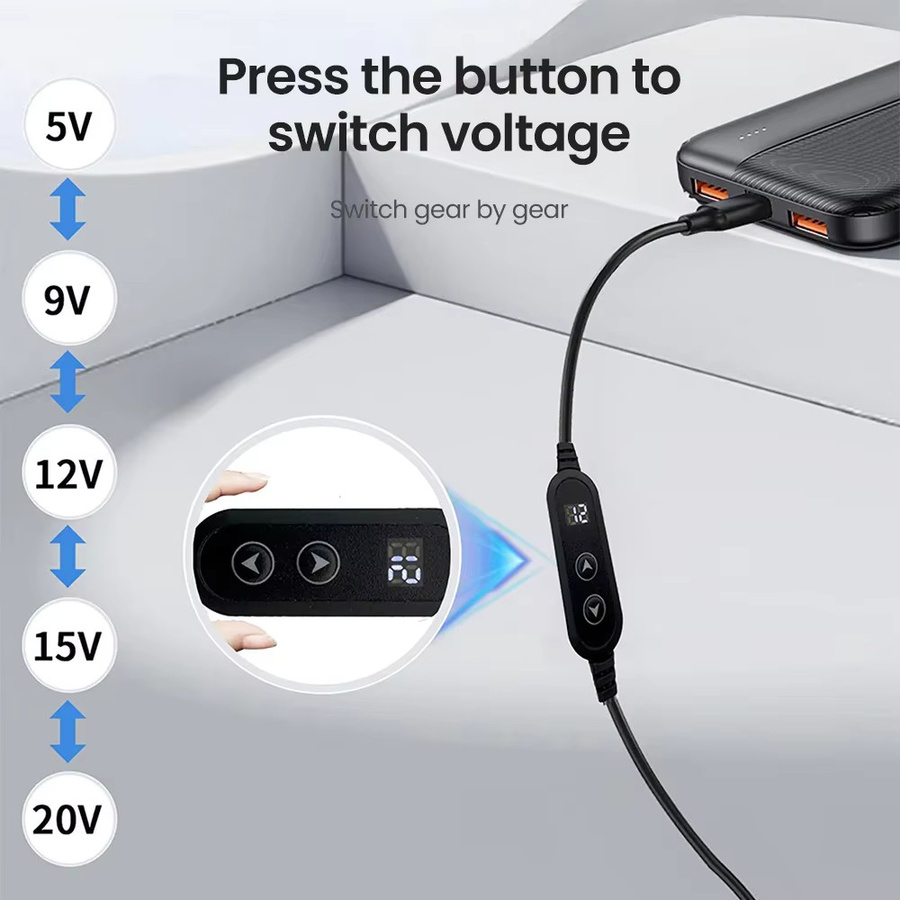 Olaf USB-C zu DC Power Boost Kabel Schwarz, Einstellbare Spannung 5V/9V/12V/15V/20V, 65W Schnellladekabel für Wifi Router - Bild 4