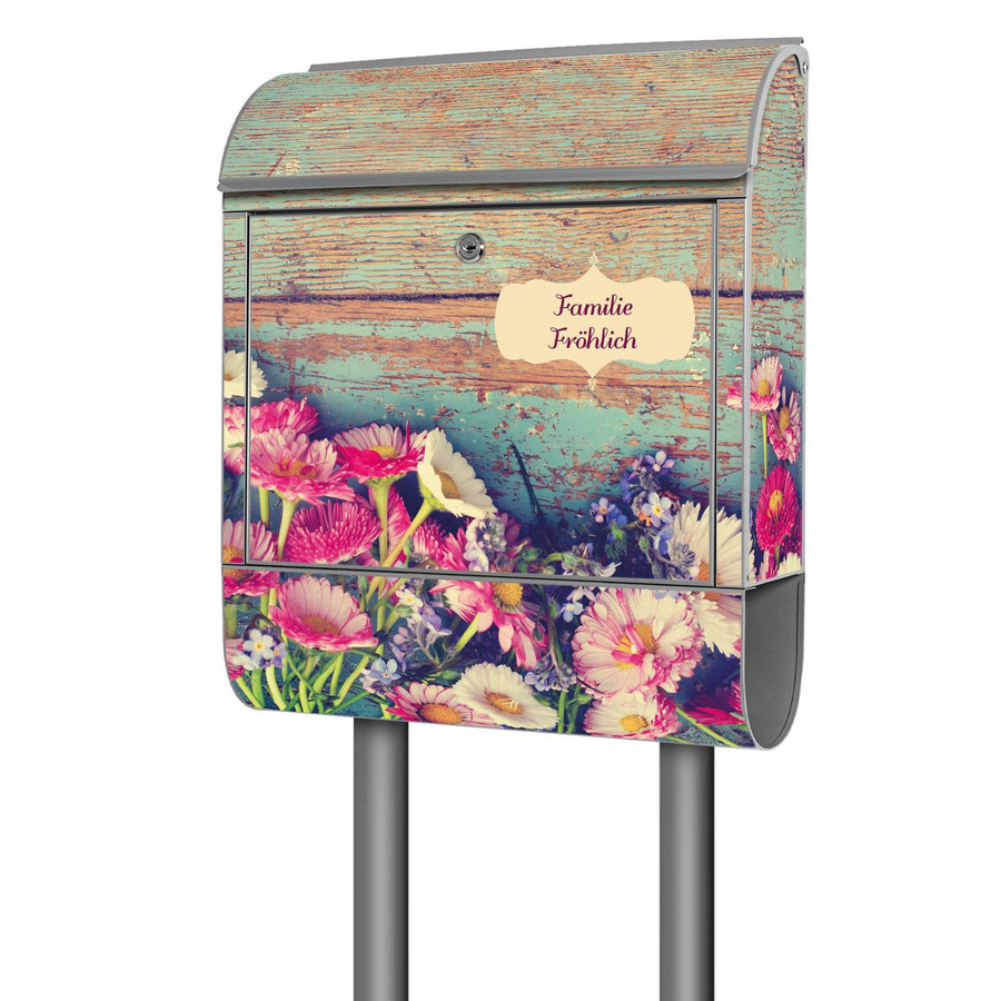 Banjado freistehender Briefkasten aus Stahl mit Motiv Blumenpflücken und Zeitungsfach, Farbe: Multicolour, B/T/H: 38 x 16 x 161,5 cm - Bild 1