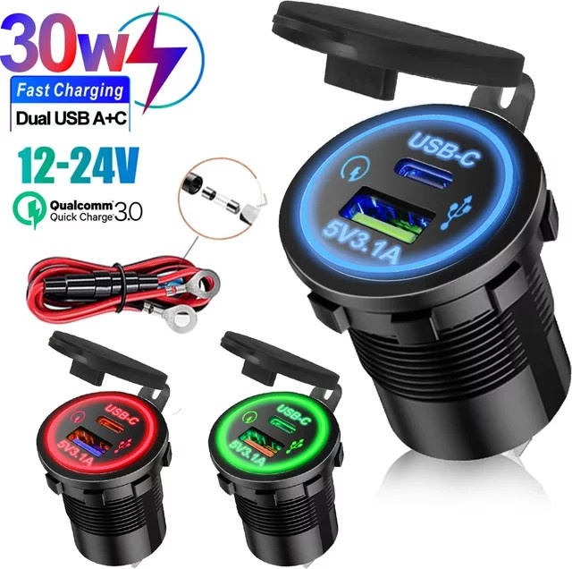 Sikeo USB-C Dual-USB-Schnellladegerät Adapter für Motorrad, 12V-24V auf 5V, Schwarz - Bild 1