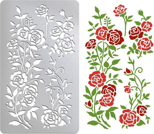 Wiederverwendbare Edelstahl-Metallschablonen mit Juni-Rosenblüten-Motiv in Silber zum Gravieren, Malen und Präsen für die Holzverbrennung - Bild 1