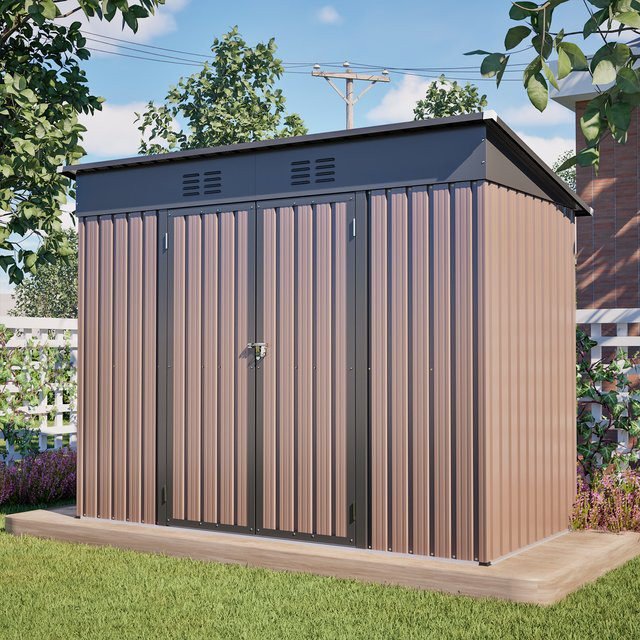 Svintora Metall-Geräteschuppen in Braun mit stabilem Fundamentrahmen, Wetterfester Outdoor-Lagerschrank für den Garten, B/T/H: 242 x 126 x 182 cm - Bild 1
