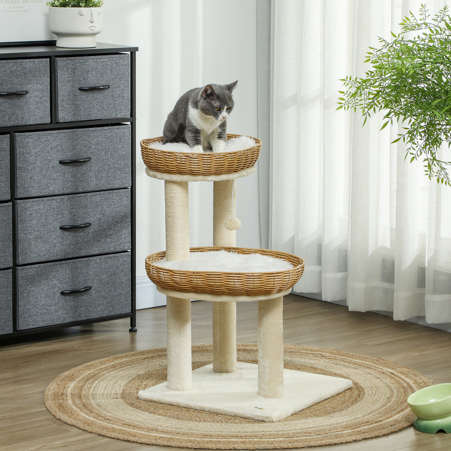 Aosom Katzenbaum Beige mit zwei Rattan-Liegekörben, Kratzbrettern und Spielball, Höhe: 75,5 cm - Bild 2