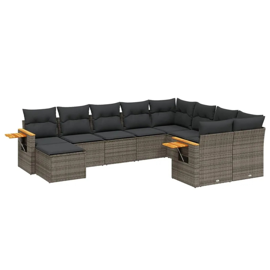 vidaXL 10-teilige Garten-Sofagarnitur aus Poly-Rattan und Akazienholz in Grau mit Kissen - Bild 2