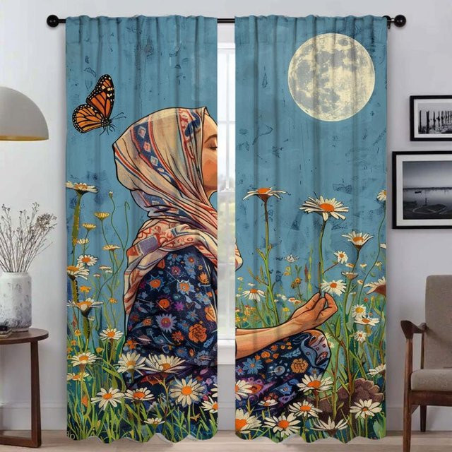 Der Schmetterling und das Mädchen Moskitonetz aus Tüll als Raumteiler und Vorhang für Schlafzimmer und Wohnzimmer, Blau, 2 Stück, Breite: 50 cm, Höhe: 70 cm - Bild 1
