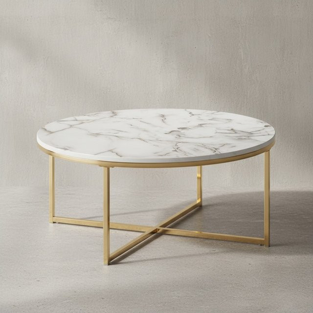 KADIMA DESIGN Runder Sofatisch in Marmor-Optik mit goldfarbenem Gestell, Durchmesser: 80 cm, Höhe: 35 cm - Bild 1