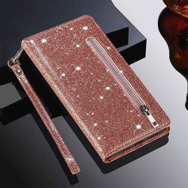Glitzernde iPhone Geldbörse mit Reißverschluss und Rundumschutz in Pink für verschiedene iPhone Modelle - Bild 1