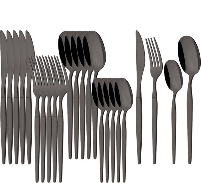 24-teiliges Besteckset aus Edelstahl von uniturcky in Schwarz und Silber, bestehend aus Messern, Gabeln, Löffeln und Teelöffeln - Bild 1