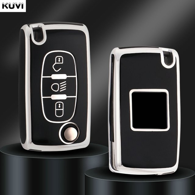 Kuvi TPU Flip Remote Autoschlüssel Schutzhülle für Citroen und Peugeot in Schwarz - Bild 1