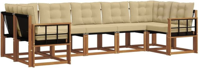 vidaXL Outdoor-Sofagarnitur 7-teilig L-Form aus Akazienholz und Textilene in Natur-Beige mit Kissen und Armlehnen - Bild 1