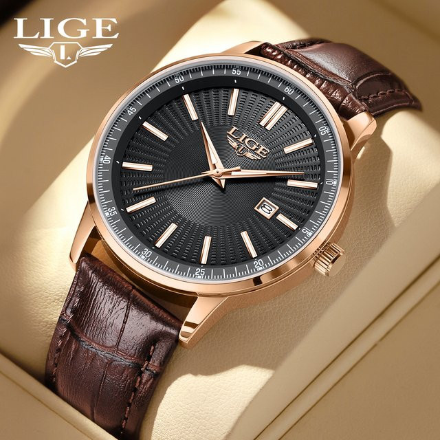 LIGE Armbanduhr Quarz, Leder, Roségold, Schwarz, Herren - Bild 1