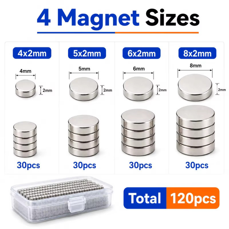 120-teiliges Neodym-Magneten-Set für Bambu Lab in Silber mit 4 verschiedenen Größen für 3D-Druck-Werkzeuge und DIY-Projekte - Bild 6