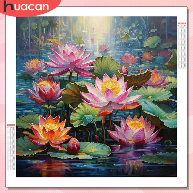 HUACAN 5D DIY Diamant-Mosaik Set Lotusblume Blumenmuster in Multicolour mit runden Steinen - Bild 1