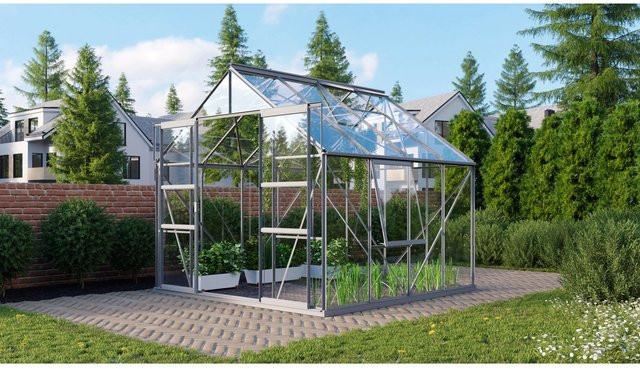 Vitavia Gewächshaus Meridian 2 - 6700 mit Aluminium-Vorzugsset in Silber, Sicherheitsglas 3 mm, Satteldach, Doppelschiebetür, 2 Dachfenstern, 1 Seitenfenster und Regenrinnen, B/T/H: 254 x 232 x 254 cm - Bild 1