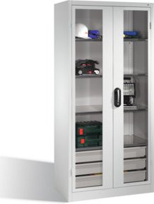 C+P Werkzeugschrank mit Sichtfenster-Drehtüren in Lichtgrau, 4 Böden und 3 Schubladen, H: 195,0 cm, B: 93,0 cm, T: 50,0 cm - Bild 1