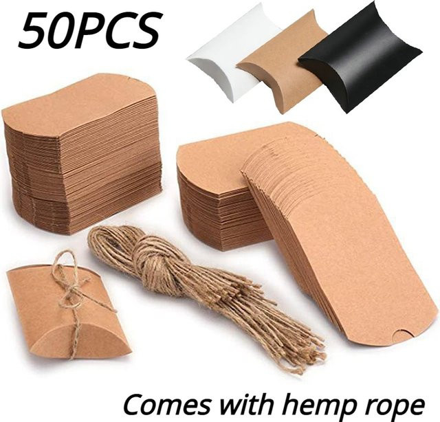 50 Stück Kissen-Geschenkboxen aus Kraftpapier mit Hanfseil für Weihnachten, Hochzeit, Geburtstag und Party in Braun und Schwarz - Bild 1