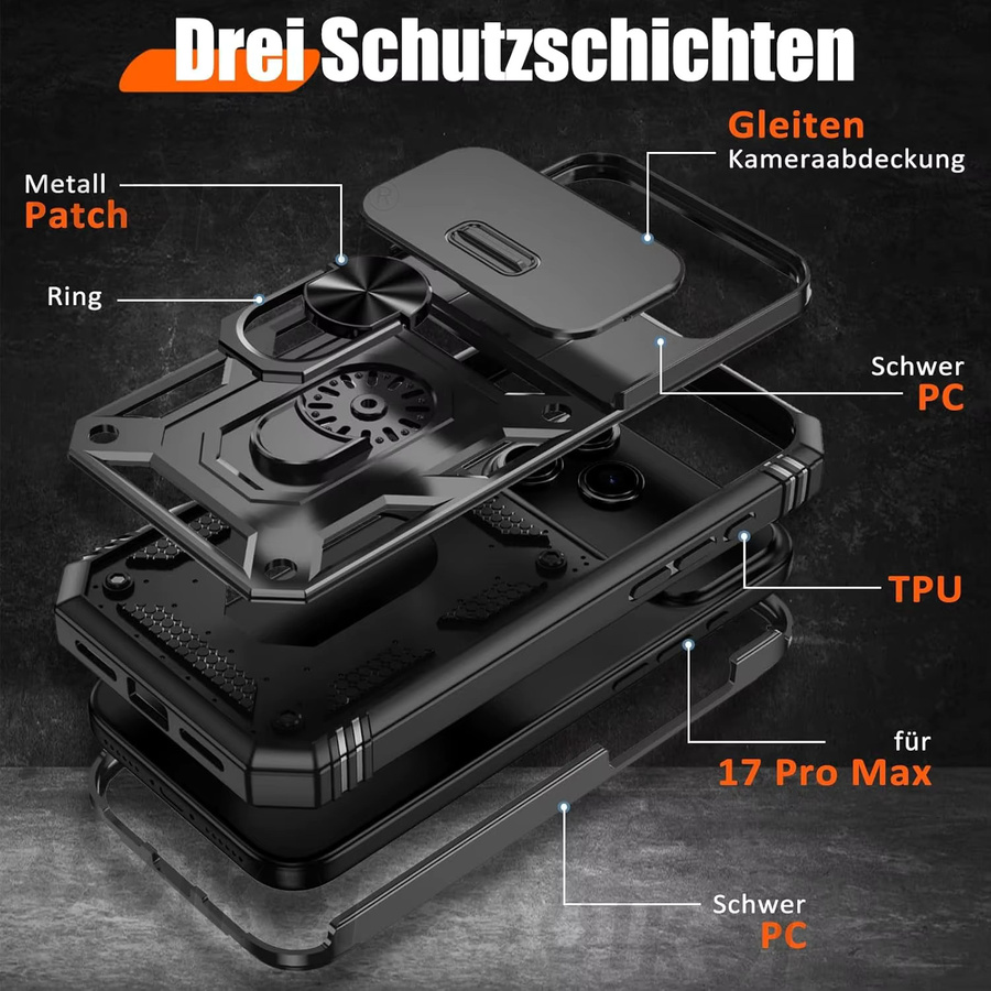 Huikai Heavy Duty Slide-Kamerahülle mit 360 Grad drehbarem Ständer für iPhone 17 Pro Max 17 Air 16 Pro Max 15 14 13 12 in Schwarz oder Grün - Bild 6