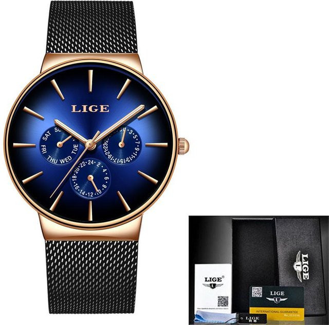 LIGE Armbanduhr Quarz, Edelstahl, Blau, Schwarz, Herren - Bild 1