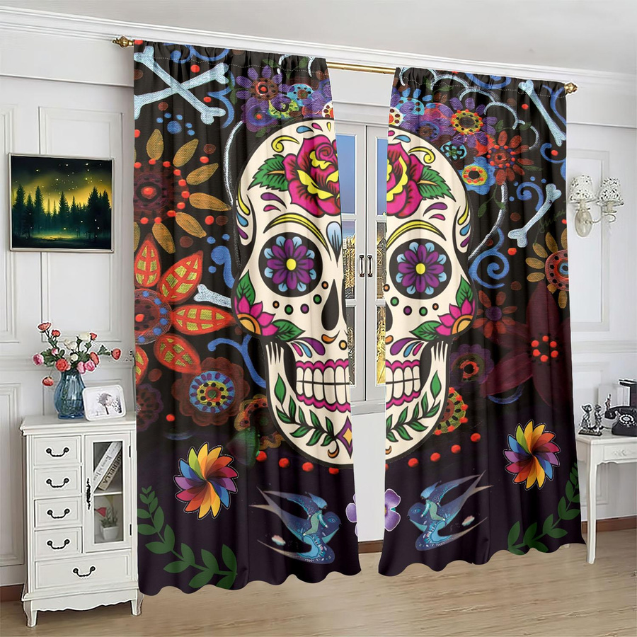 2er-Set Totenkopf Sichtschutzvorhänge aus Polyester in Multicolour für Schlafzimmer und Wohnzimmer, B/H: 76,2 x 165,1 cm - Bild 3