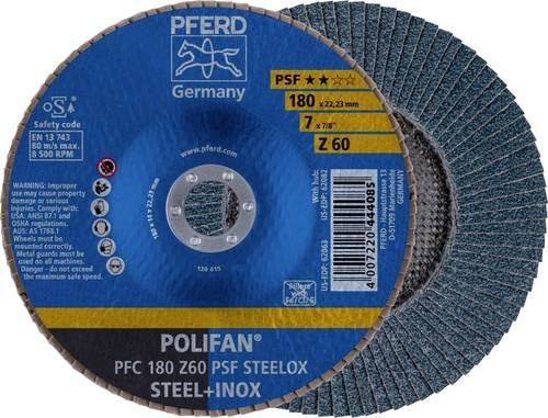 PFERD STEELOX Fächerschleifscheibe für Edelstahl, Blau, Durchmesser: 180 mm, Bohrungs-Ø: 22,23 mm, Körnung: 60 - Bild 1