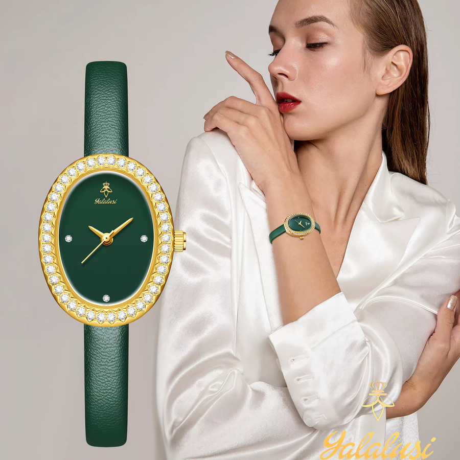 YaLaLuSi Armbanduhr, Quarz, Leder, Diamantbesetzt, Damen, Gold - Bild 4