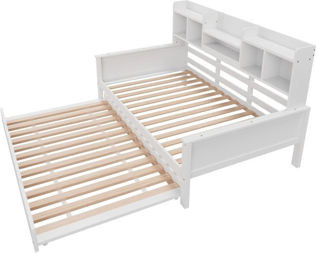 KOMHTOM Ausziehbares Schlafsofa aus Kiefernholz mit Staufach und Lattenrost in Weiß, B/T/H: 90 x 200 x 110 cm - Bild 1